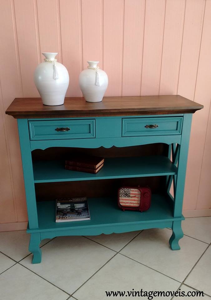 Aparador X com Pés Luis Felipe Azul Antique c. Castanho Envelhecido (1,00L x 0,36P x 0,94A)